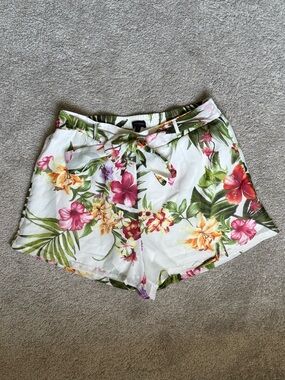 Miss Avenue White Tropical Floral Tie-Waist Shorts Elastic Waist Vacation Size L